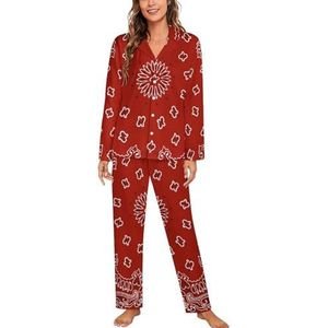 Rode Bandana Patroon Vrouwen Lange Mouw Button Down Nachtkleding Zachte Nachtkleding Lounge Pyjama Set 2XL