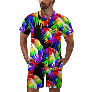 LGBT Gay Pride Rainbow Lips Poloshirt voor heren, trainingsset met korte mouwen, casual strandshirts shorts, outfit, 3XL