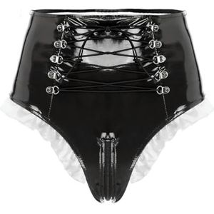 QIANGYTHENKO Dames Lingerie Rits Kruis Glanzend Lederen Hoge Taille Vastrijgen Meid Knickers Clubwear, Zwart, 4XL