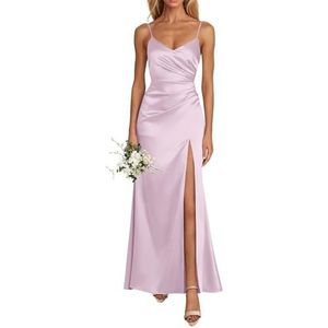 HPPEE Spaghetti Strap V-hals Satijn Bruidsmeisjesjurken voor Vrouwen Lange Galajurk met Split, Lila, 48 grote maten