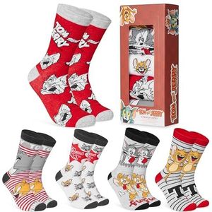 Tom and Jerry Herensokken, 5 stuks, ronde sokken voor mannen, tieners, ademend, werk, sport, casual, maat 36-10, cadeaus voor hem, Grijs/Rood, One size