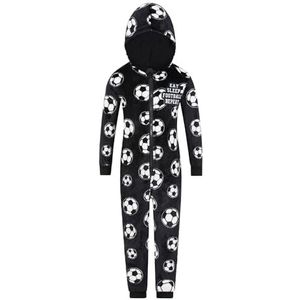 ThePyjamaFactory Jongens eten slaap voetbal herhalen zwart en wit fleece gaming slaappak, Zwart, 6-7 jaar