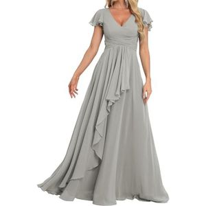Prinses Bruidsmeisjes Jurken Flutter Mouw Galajurken Chiffon Formele Avondfeest Maxi Jurk met Split ZM189, Zilver, 32