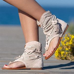 Sandalen voor Vrouwen Zomer Kwastje Platte Clip Schoenen Dressy Open Teen Comfy Casual Zomer Hoge Hak Platform Ademend Strand Sandalen met Rits,Beige,US5/EU36