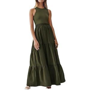 YYUHNGBN Dames Zomer Casual Effen Kleur Mouwloos Ronde hals Gesmokt Hoge taille Zwierige Gelaagde A-lijn Midi-jurk,Army green,L
