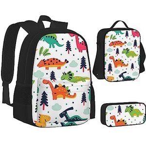 TOMPPY Kleurrijke dinosaurussen bedrukte boeken tas met lunchtas en etui voor elementair, 3 stuks rugzak sets, Zwart, Eén maat, Schooltas Set