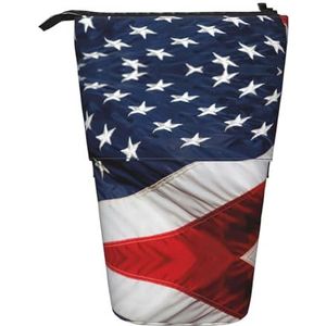 Nbtghga Amerikaanse Vlag Print Potlood Telescopische Klassieke Kunsten Stand Up Potlood Case Organizer Potlood Houder Make-up Tas Gift, Zwart, Eén maat