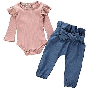Juflam Pasgeboren baby meisjes kleding ruches rompers + strik denim broek outfits set, roze/blauw, 12-18 Maanden