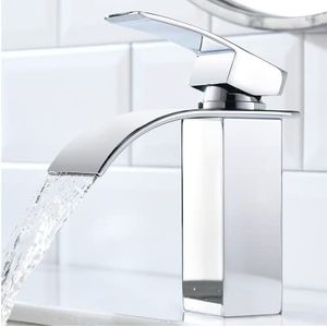 CECIPA watervalkraan voor badkamer, chroom met keramisch ventiel, mengkraan wastafel met koud en warm water, messing, eengreepsmengkraan, wastafelarmatuur