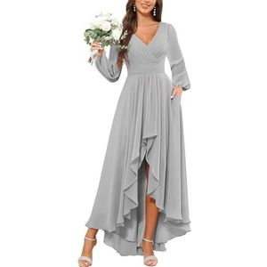 KURFACE Bruidsmeisjesjurken met lange mouwen voor vrouwen met zakken geplooide chiffon formele avondjurk feestjurk, Zilver, 32