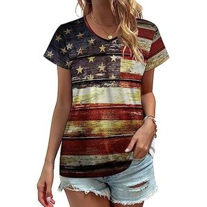 Amerikaanse houten vlag dames V-hals T-shirts leuke grafische korte mouw casual T-shirt tops XL