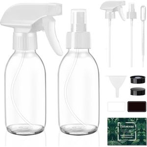 Tecohouse Glazen spuitflessen, 4 oz glazen spuitflessen voor haar, 2 stuks kleine glazen haarsprayflessen fijne nevel met etiketten, trechter, pipetten - helder