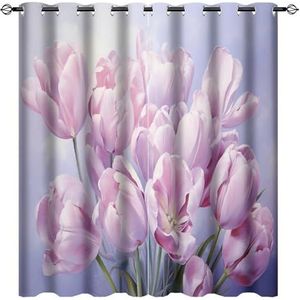 AEMYSKA Mooie tulpen thermisch geïsoleerde kamer verduistering slaapkamer gordijnen witte achtergrond bloemen planten print doorvoertule venster gordijn panelen/gordijnen 160 x 182 cm