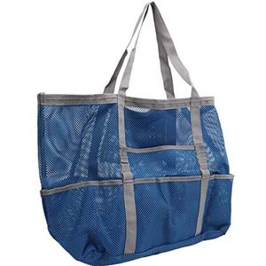 Aeun Strandtas, mesh-design van nylon met één schouder, strandtas, lichte strandtas, blauw-grijs