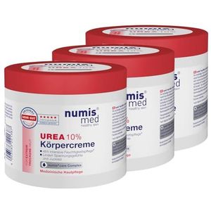 numis med 3 x Urea Crème, 10 procent, 400 ml, lichaamscrème, zeer droge huid, Made in Germany, hydraterende ureum, 10% huidcrème zonder siliconen, parabenen en microplasticvrij