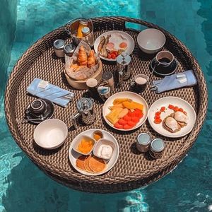 pallet， Ronde zwembaddrijvers, drijvend dienblad van rotan, ontbijtblad op het water, drijvende bar for zwembad(Beige)