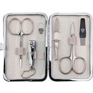 DREI SCHWERTER - Germany 6-delige manicureset 'Genova' | nagelverzorgingsset in wit kunstlederen etui | Inhoud: nagelschaar, huidschaar, nagelknipper, glazen nagelvijl, pincet, saffier nagelvijl