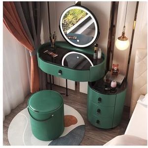 YYUINU Kaptafel, kaptafel met 3 kleuren verlichte spiegel, met zijkast, slaapkamer make-up kaptafel met opbergbare kruk, groen-60 cm