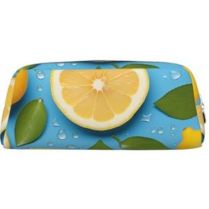 Etui Citroen op Blauwe Achtergrond Lederen Potlood Pouch Draagbare Briefpapier Organizer Potlood Houder Make-up Tas met Ritssluiting, Zilver, Eén maat, Make-Up Pouch