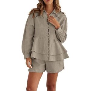 LoprNsdgt Dames Lente Zomer 2 Delige Shorts Set Revers Lange Mouw Shirts Effen Kleur Casual Set,Khaki,L