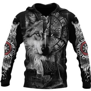 Nordic Viking Wolf Pullover Hoodie - Unisex 3D Gedrukt Odin Fenrir Vegvisir Tattoo Punk Harajuku Zip Jacket - Herfst Lange Mouw Losse Pagan Top (Color : Pullover Hoodie, Size : M)
