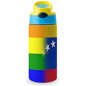 LGBT Pride Venezuela Vlag 350 ml waterfles met rietje, koffiebeker, waterbeker, roestvrijstalen reismok voor dames en heren, blauwe stijl
