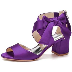Dames Trouwschoenen met open teen Enkelbandje Blok Dikke hak Bruidssandalen Achterkant Rits Feestjurk Pumps,Dark purple,35 EU
