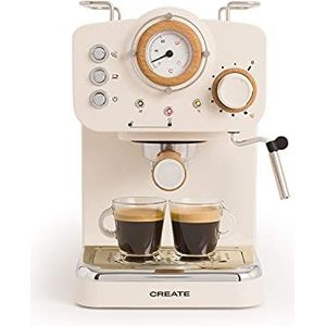 CREATE/THERA RETRO/Espressomachine Mat Gebroken Wit en Hout/ESE gemalen koffie en pods, halfautomatische koffiemachine met 15 bar drukpomp en 1100W vermogen, glanzende afwerking