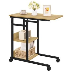 WOLTU Bijzettafel, salontafel, woonkamertafel, laptoptafel, bedtafel, C-vormig, in hoogte verstelbaar, met wieltjes, van metaal, houtmateriaal, licht eiken + zwart, BTS08hei