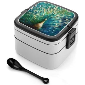 Aquarel Groene Pauw Bento Lunch Box Dubbellaags All-in-One Stapelbare Lunch Container Inclusief Lepel met Handvat
