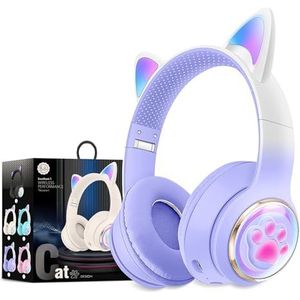 OHAANYY Uitstekende draadloze headset voor kinderen, met ledverlichting en opvouwbare stereo-hoofdtelefoon, ondersteunt microfoon/TF-geheugenkaart voor smartphone/iPhone/iPad/laptop/tv (paars)