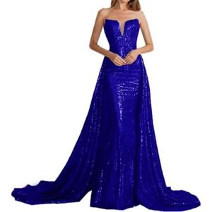 Strapless Pailletten Lange Avond Formele Gelegenheid Jurken voor Vrouwen Vintage Prom Party Jurk met Hof Trein, Royal Blauw, 6