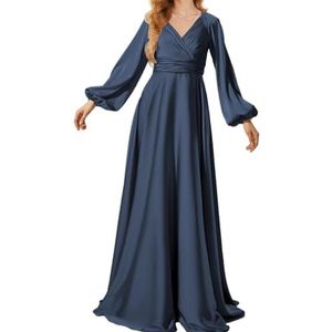 Prinses Bruidsmeisje Jurken Lange Mouw Galajurken V-hals Satijn Formele Avondfeest Maxi Jurk ZM199, Donkerblauw, 32