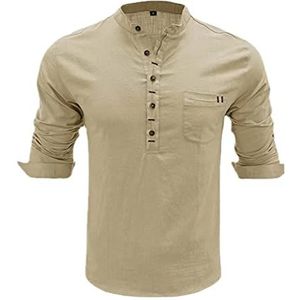 Heren Buttondown Shirt Met Lange Mouwen Heren Effen Kleur Eenvoudig Casual Basic Shirt Pocket Revers Blouse Dagelijkse Tops heren t-shirt (Color : Khaki, Size : M)
