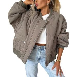 Gewatteerd Bomberjack for Dames, Lichtgewicht Cropped Winterjas, Warme Casual Herfstkleding(Khaki,XXL)