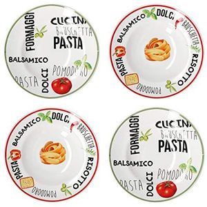 MamboCat Set van 4 pastaborden wit met decor, serviesset rood en groen, aardewerk servies met kleurrijke letters en motieven, diepe porseleinen borden, ook voor soepen en salades