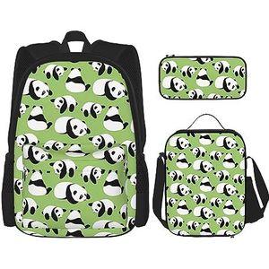 Groene achtergrond panda, rugzak met grote capaciteit, lunchtas, pennenzak, 3-delige set voor kantoor, reizen, kamperen, uniseks, Zwart, Eén maat