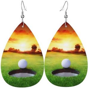 Sport Golf Bal Zonsondergang Boom Gedrukt Lederen Teardrop Oorbellen, Faux Lederen Water Drop Oorbellen Sieraden Voor Vrouwen Bruiloft, Eén maat, Sterling zilver, Geen edelsteen