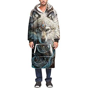 Meiju 3D volwassenen oversized hoodie, sweatshirtdeken, comfortabele draagbare deken met mouwen en zakken, van polyester, superzacht en warm (universele maat, 110 cm, wolvenkoning (wolf king))