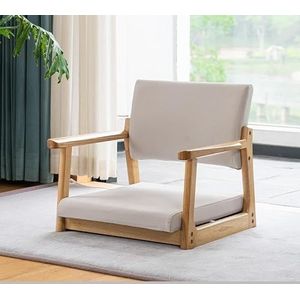 FZDZ Japanse massief houten tatami-stoel zonder poten met armleuningen rugleuning vloerstoel comfortabel kussen lage kruk geschikt voor raam, kantoor, thuis (E)