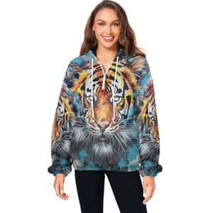 KAAVIYO Fancy Aquarel Tijgerhoofd Pluizige Jas Trui Hoodie Hooded Zakken Fuzzy Fleece Sweatshirt Ronde hals Truien Hoodies voor Meisjes Vrouwen, Patroon, L