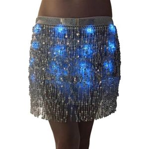 WJIAYAO Kwastje Rok Vrouwen Vastrijgen Pailletten Kwastjes Wrap Mini Rok Buikdans Hip Sjaal Glitter Taille Ketting Podium Prestaties Ko, Zilver, Eén maat