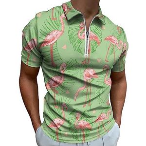 Roze Flamingo Exotische Vogel Polo Shirt voor Mannen Casual Rits Kraag T-shirts Golf Tops Slim Fit
