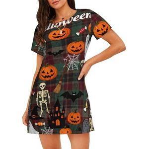 Zelinge Vrouwen Nachthemd Voor Vrouwen Nachthemd Pj Jurk Zachte Nachtkleding S-3XL, Halloween Elements Groen Rood Geruit, S