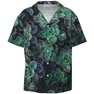 EdWal Groene Succulente Print Heren Korte Mouw Button Down Shirts Casual Losse Fit Zomer Strand Shirts Heren Jurk Shirts, Zwart, 3XL