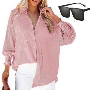 Whimsyard Aviationp halflange gesmokt overhemd met gestreepte revers en oversized pull-down mouwen, gestreept overhemd met knoopsluiting en ruches blouses lange mouwen dames, Rood, 5XL
