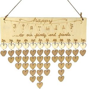 Rosenice Houten verjaardagskalender, familie, vrienden, verjaardag, herinnering, kalender voor huisdecoratie (1 bord, 1 touw, 50 houten hartjesschijfjes)