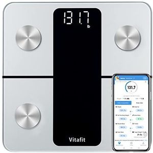 Vitafit Lichaamsvetweegschaal, digitale personenweegschaal met app, lichaamsanalyseweegschaal met bluetooth, weegschaal voor lichaamsvet, BMI, spiermassa, proteïne, BMR, zilver