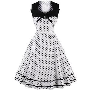 AXOE Dames Feestelijke Jurk 50 Audrey A Lijn Katoen Knielengte Elegante Zomer Cocktail Bruiloft Gast Wit met Zwart Stippen, Maat 44, XL