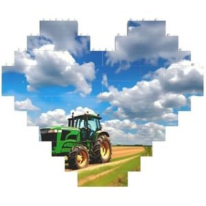 Tractor onder blauwe lucht en witte wolken legpuzzel - hartvormige bouwstenen puzzelspel - leuk en stressverlichtend puzzelspel